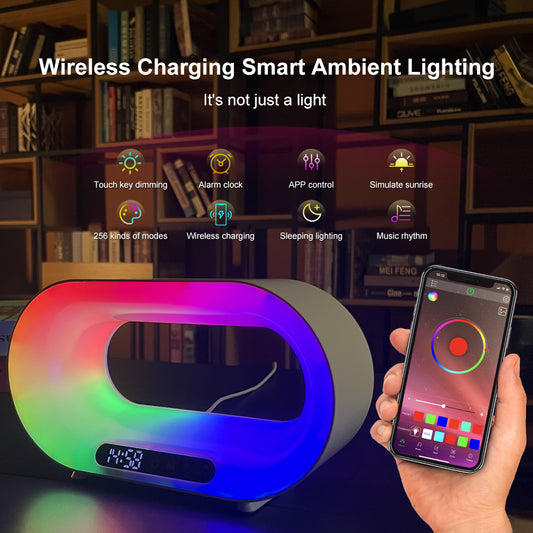 ✨ All-in-One: Wireless Charger, Alarm Clock, RGB Mood Lamp & Nightlight (App Controlled)™